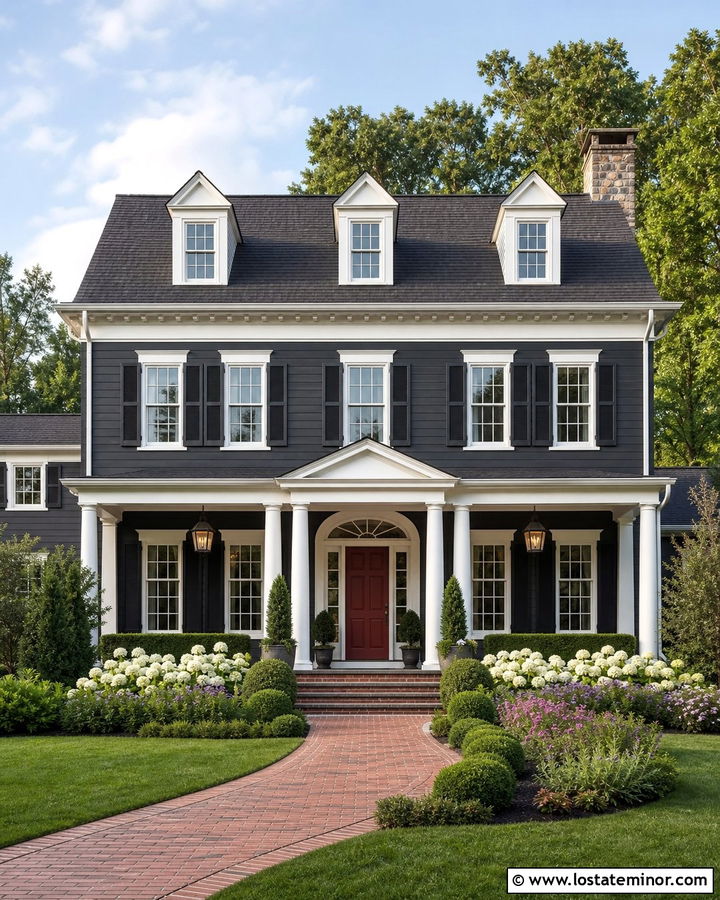 Black Traditional House With Red Front Door Yard - 30 Black House Design With Front Yard Ideas