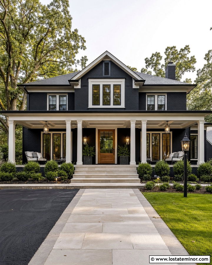 Black Transitional House With Coffered Porch Ceiling - 30 Black House Design With Porch Ceiling Ideas