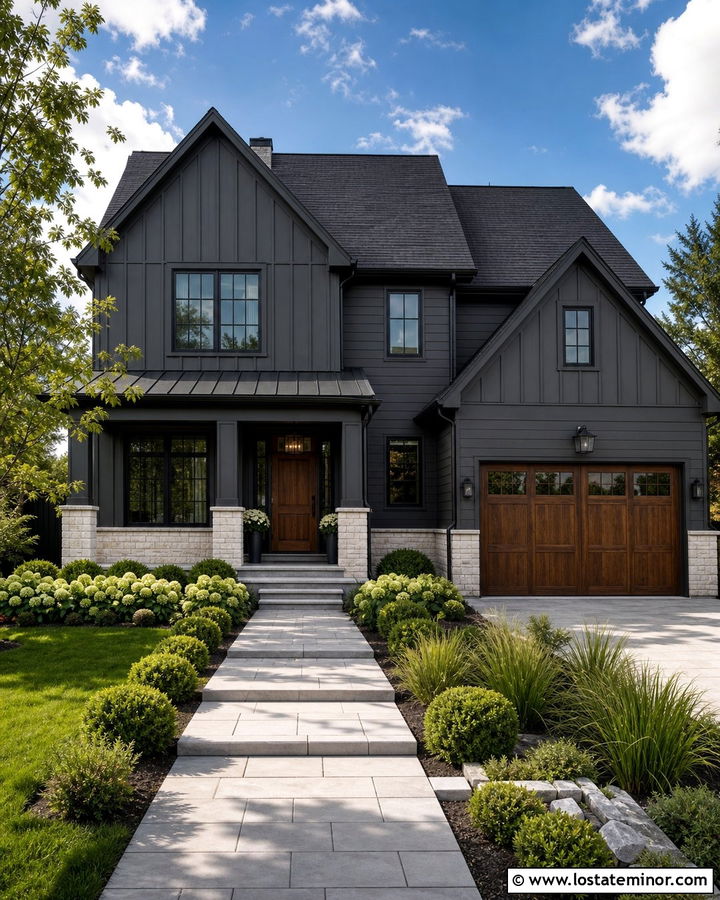 Black Transitional House With Ivory Brick Wainscoting - 30 Black House Design With Wainscoting Ideas