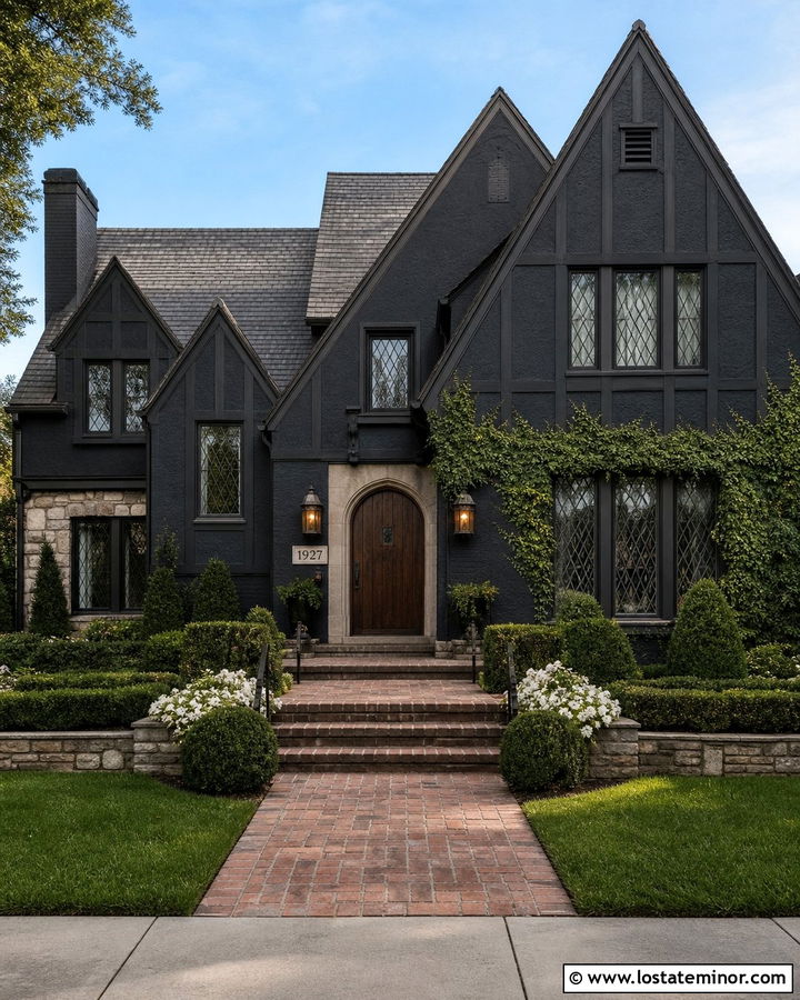 Black Tudor House With Antique Brass House Numbers - 30 Black House Design With House Numbers Ideas
