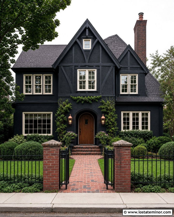 Black Tudor House With Brick And Iron Fence - 30 Black House Design With Fence Ideas