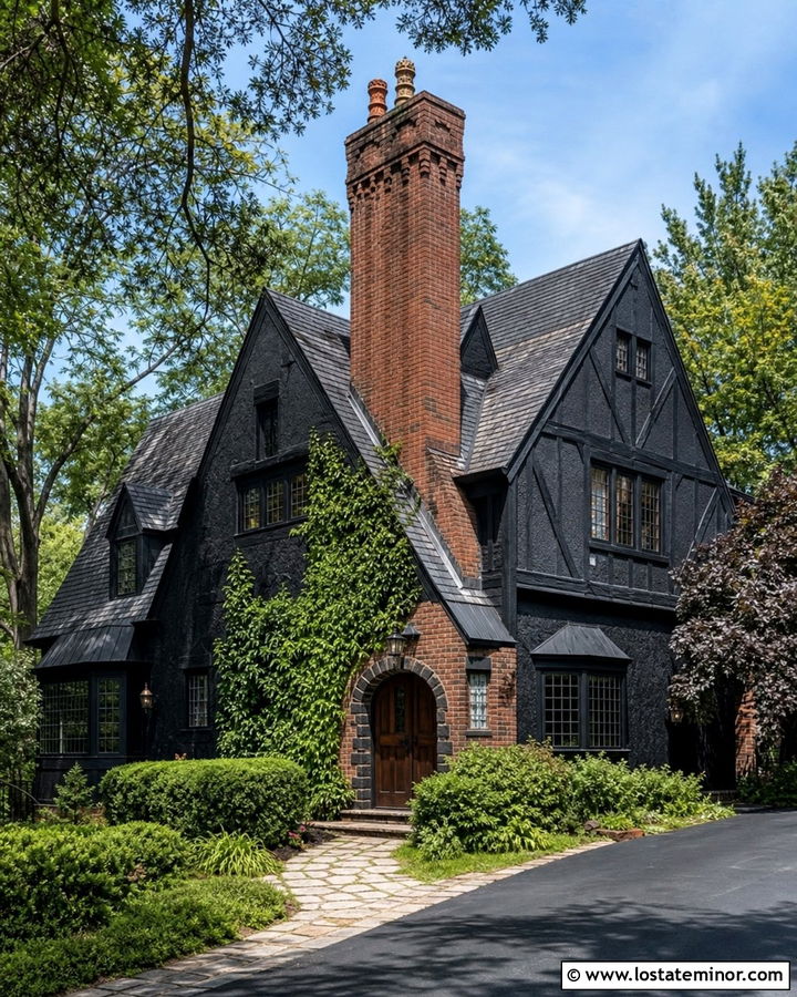 Black Tudor House With Brick Chimney - 30 Black House Design With Chimney Ideas