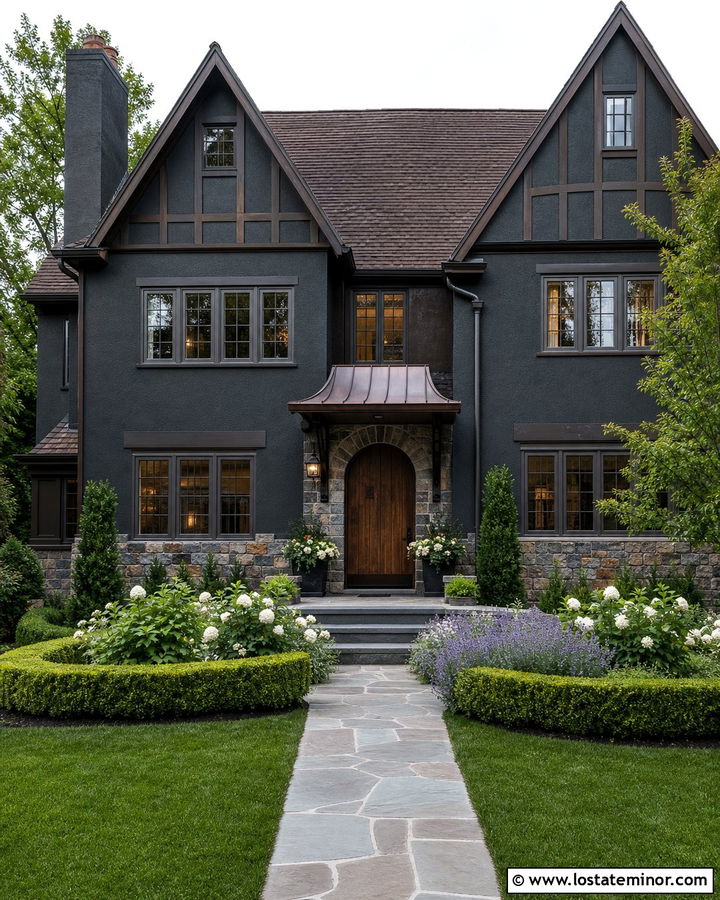 Black Tudor House With Bronze Awning - 30 Black House Design With Awning Ideas