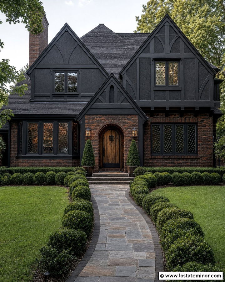 Black Tudor House With Brown Brick Wainscoting - 30 Black House Design With Wainscoting Ideas