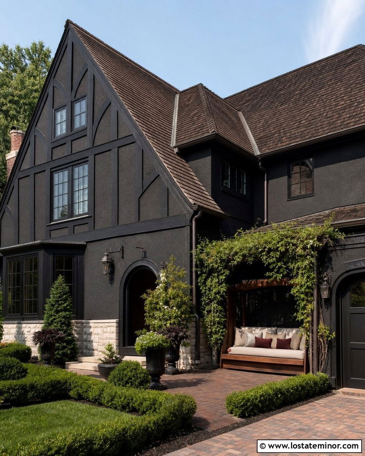 Black Tudor House With Courtyard Daybed - 30 Black House Design With Daybed Ideas