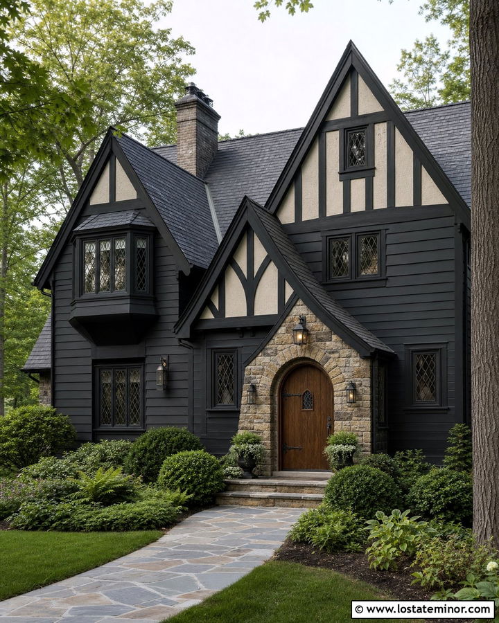 Black Tudor House With Cream Stucco - 30 Black House Design With Siding Ideas
