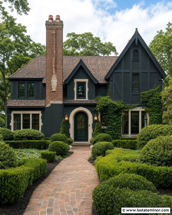 Black Tudor House With Dark Green Storm Door - 30 Black House Design With Storm Door Ideas