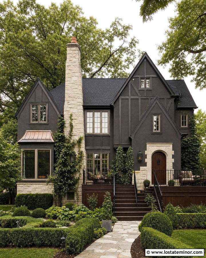 Black Tudor House With Dark Wood Deck - 30 Black House Design With Deck Ideas
