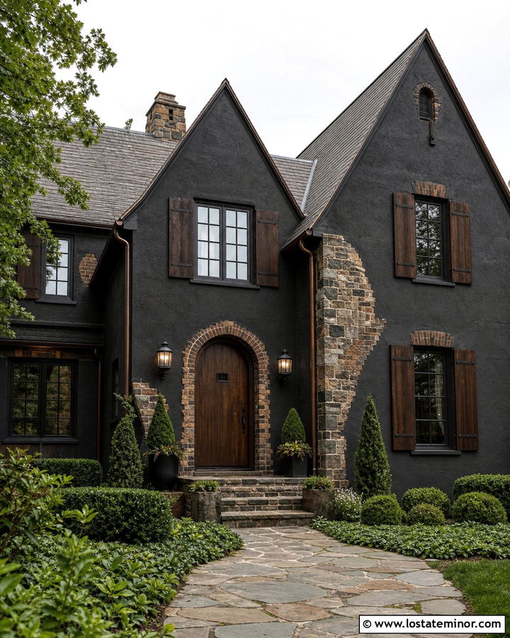 Black Tudor House With Dark Wood Shutters - 30 Black House Design With Shutters Ideas