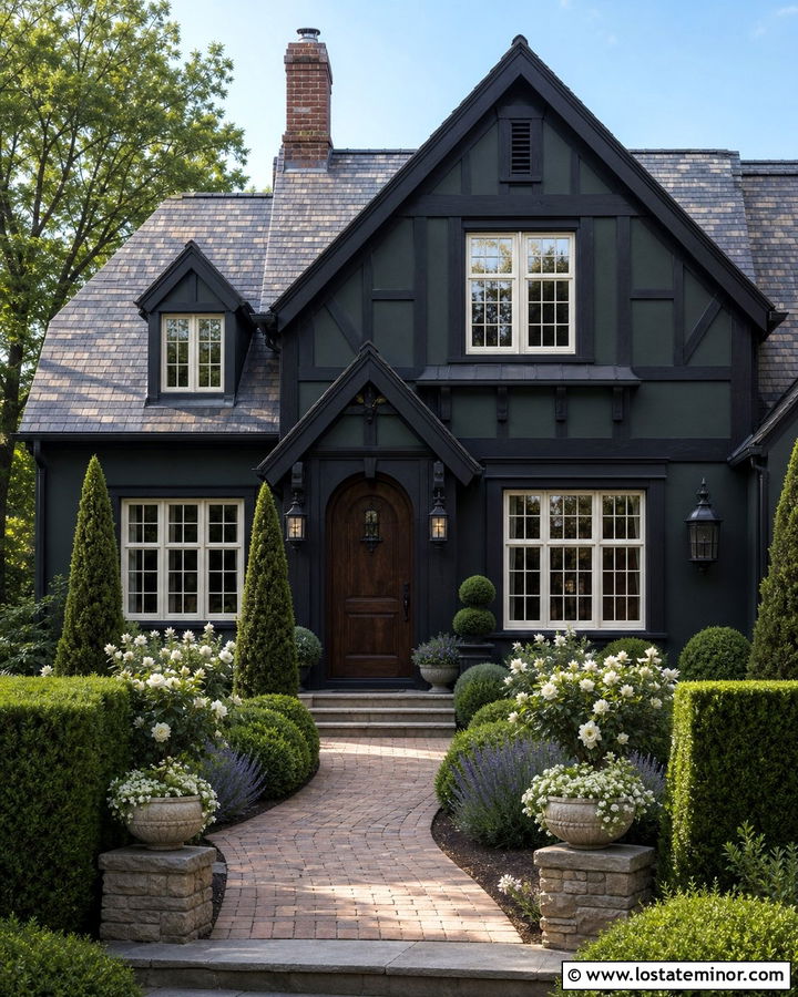 Black Tudor House With Formal Hedge Yard - 30 Black House Design With Front Yard Ideas