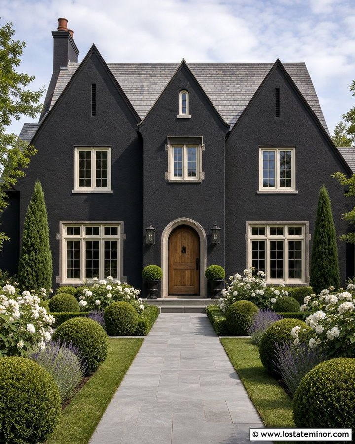 Black Tudor House With Formal Landscaping - 30 Black House Design With Landscaping Ideas