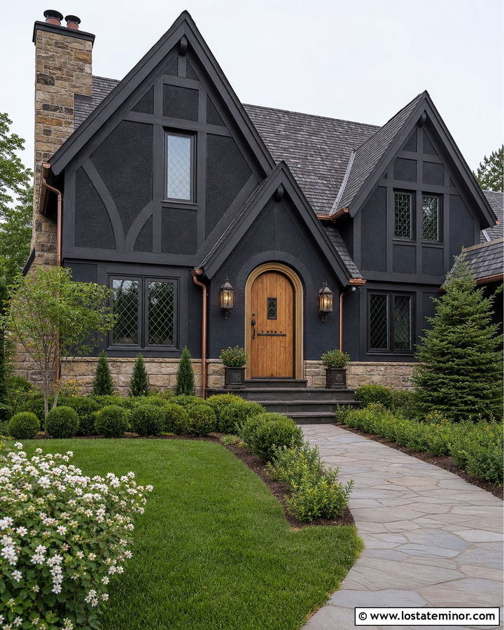 Black Tudor House With Gothic Lanterns - 30 Black House Design With Light Fixtures Ideas