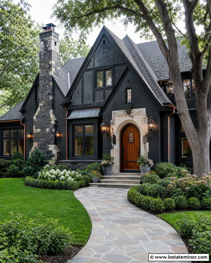 Black Tudor House With Iron Lanterns - 30 Black House Design With Lighting Ideas