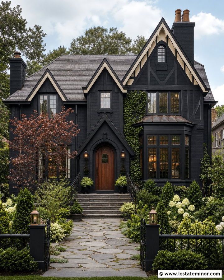 Black Tudor House With Iron Railings - 30 Black House Design With Railings Ideas