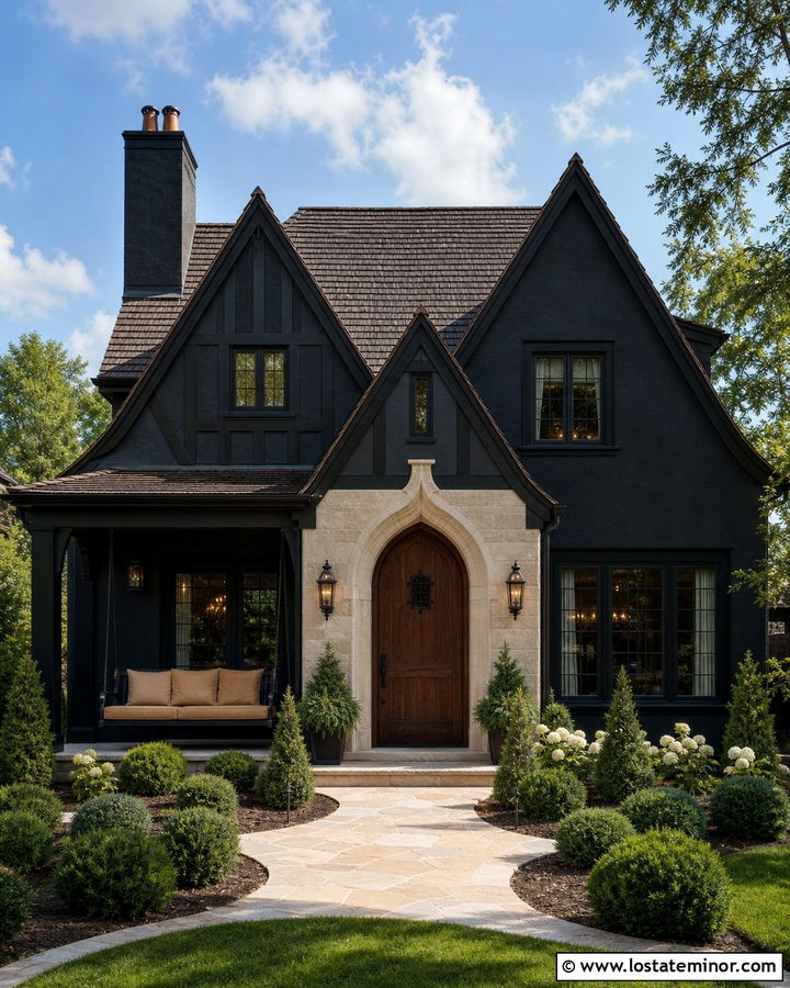Black Tudor House With Iron Swing - 30 Black House Design With Swing Ideas