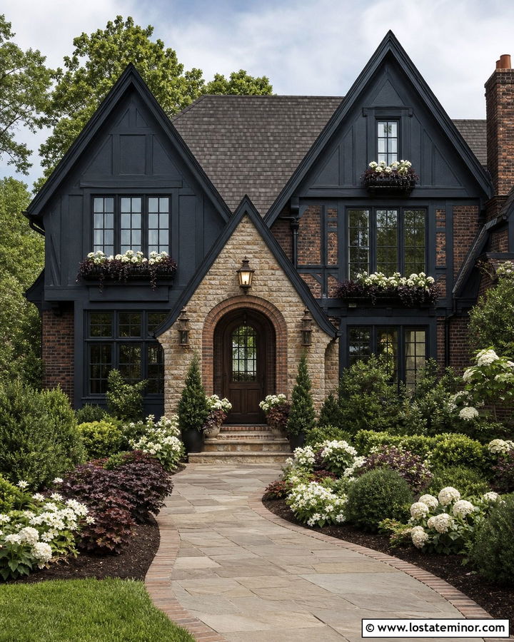 Black Tudor House With Iron Window Boxes - 30 Black House Design With Window Boxes Ideas