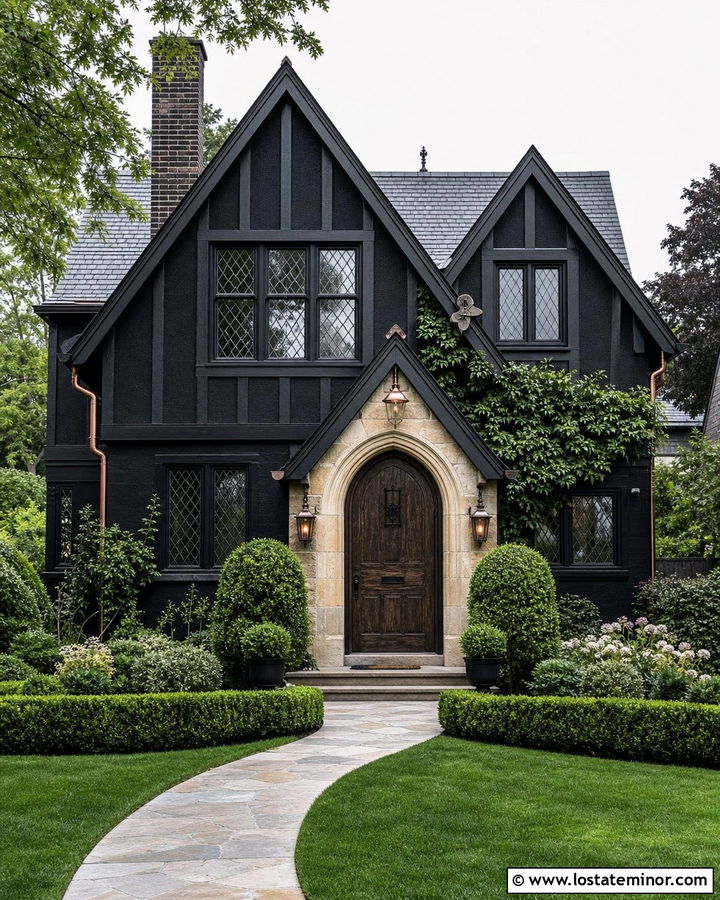 Black Tudor House With Leaded Steel Window Frames - 30 Black House Design With Window Frames Ideas