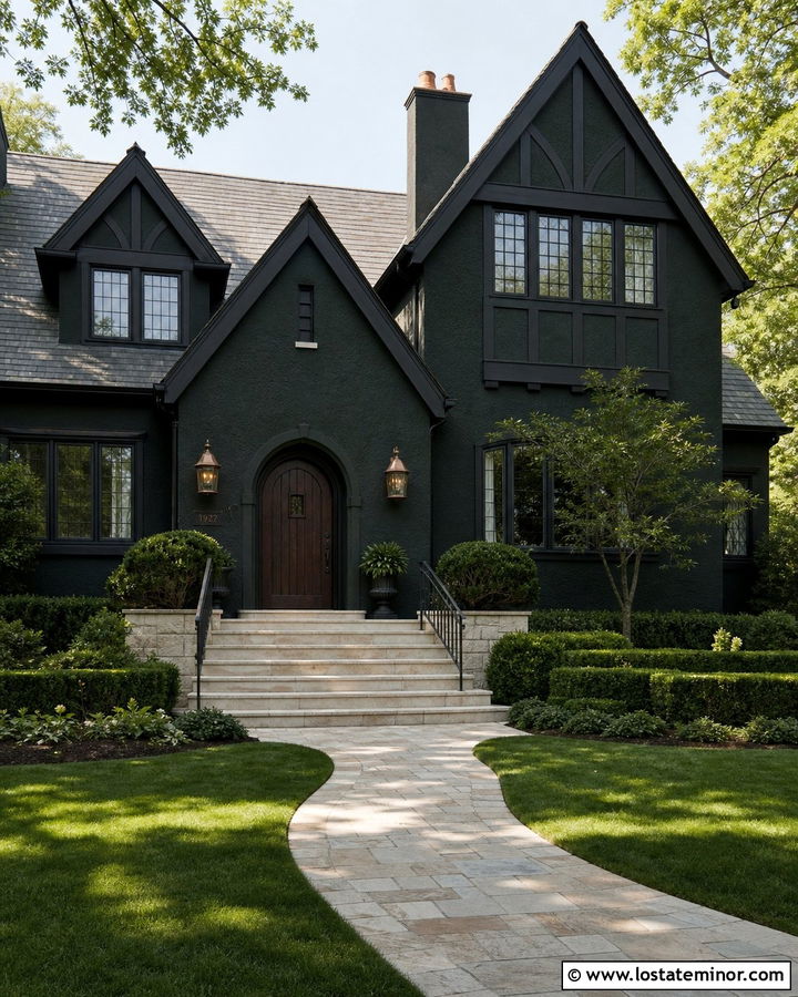 Black Tudor House With Limestone Steps - 30 Black House Design With Steps Ideas