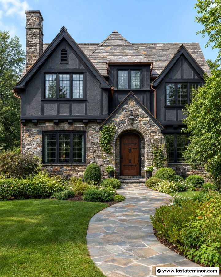 Black Tudor House With Natural Stone - 30 Black House Design With Stone Accents Ideas