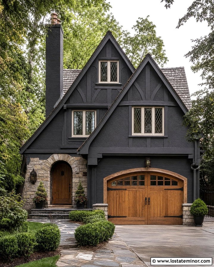 Black Tudor House With Oak Carriage Garage Door - 30 Black House Design With Garage Door Ideas