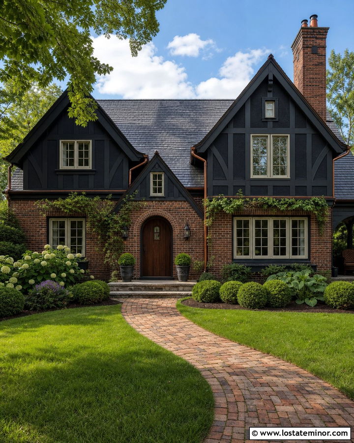 Black Tudor House With Old Red Brick - 30 Black House Design With Brick Accents Ideas