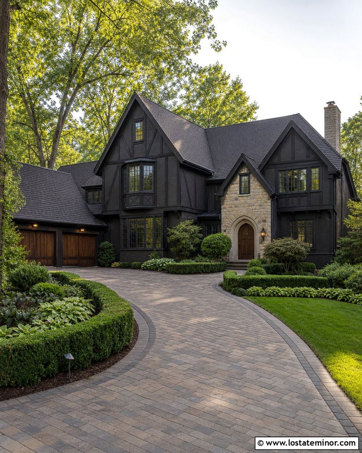 Black Tudor House With Permeable Paver Driveway - 30 Black House Design With Driveway Ideas