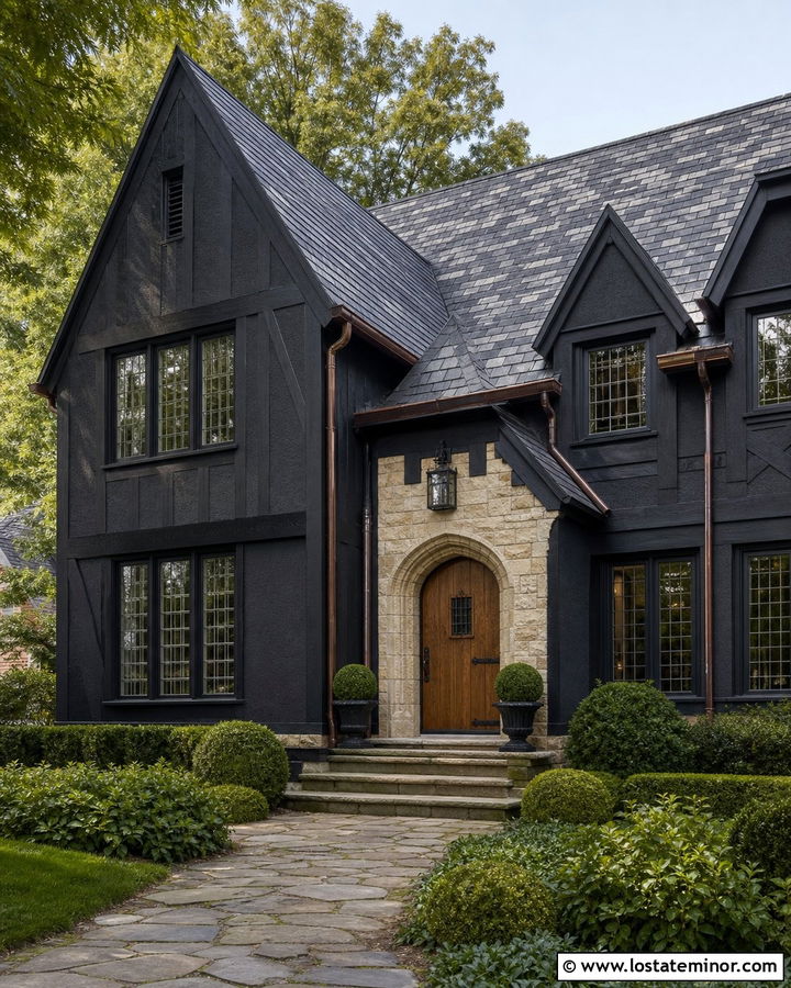 Black Tudor House With Slate Look Shingles - 30 Black House Design With Shingles Ideas