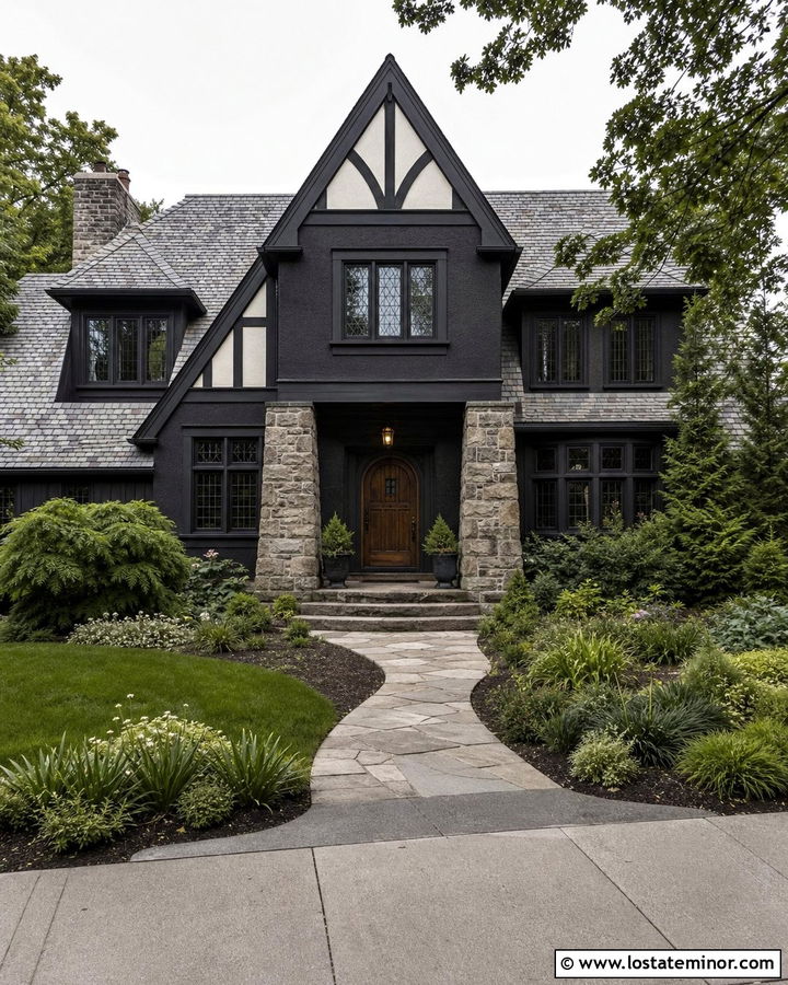Black Tudor House With Stone Porch Columns - 30 Black House Design With Porch Columns Ideas