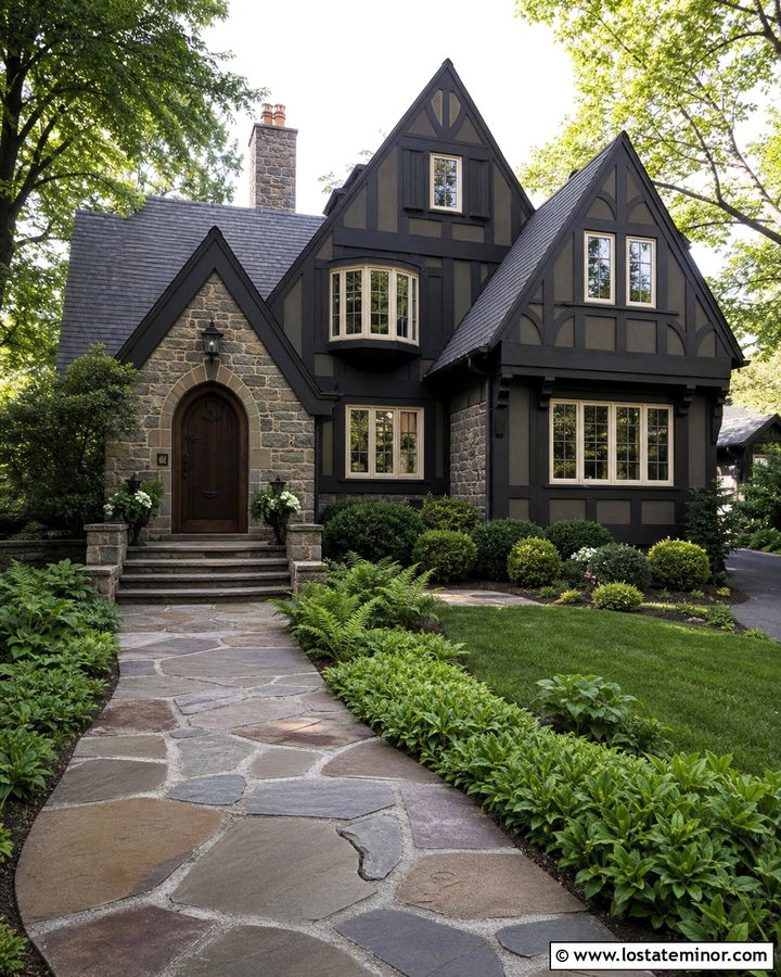 Black Tudor House With Stone Walkway - 30 Black House Design With Walkway Ideas