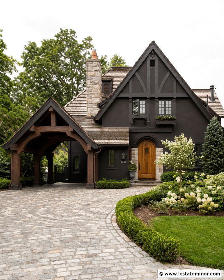 Black Tudor House With Timber Carport - 30 Black House Design With Carport Ideas