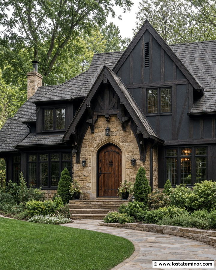 Black Tudor House With Timber Portico - 30 Black House Design With Portico Ideas