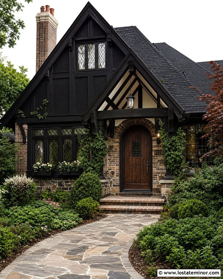 Black Tudor House With White Porch Ceiling And Dark Beams - 30 Black House Design With Porch Ceiling Ideas