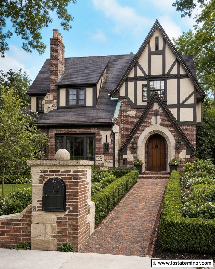 Black Tudor House With Wrought Iron Mailbox - 30 Black House Design With Mailbox Ideas