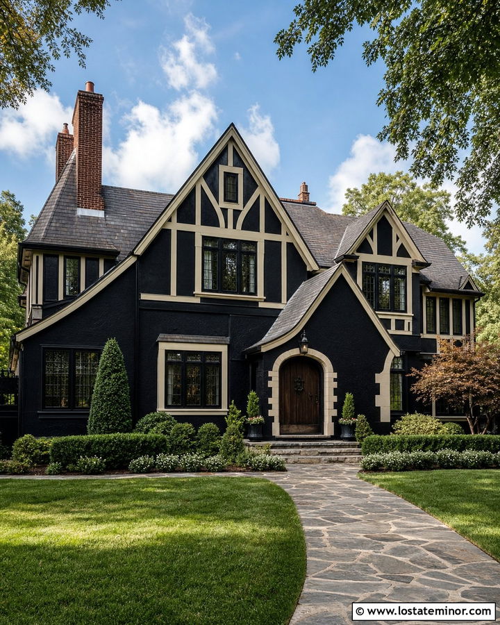 Black Tudor With Cream Trim - 30 Black House Design With Trim Ideas