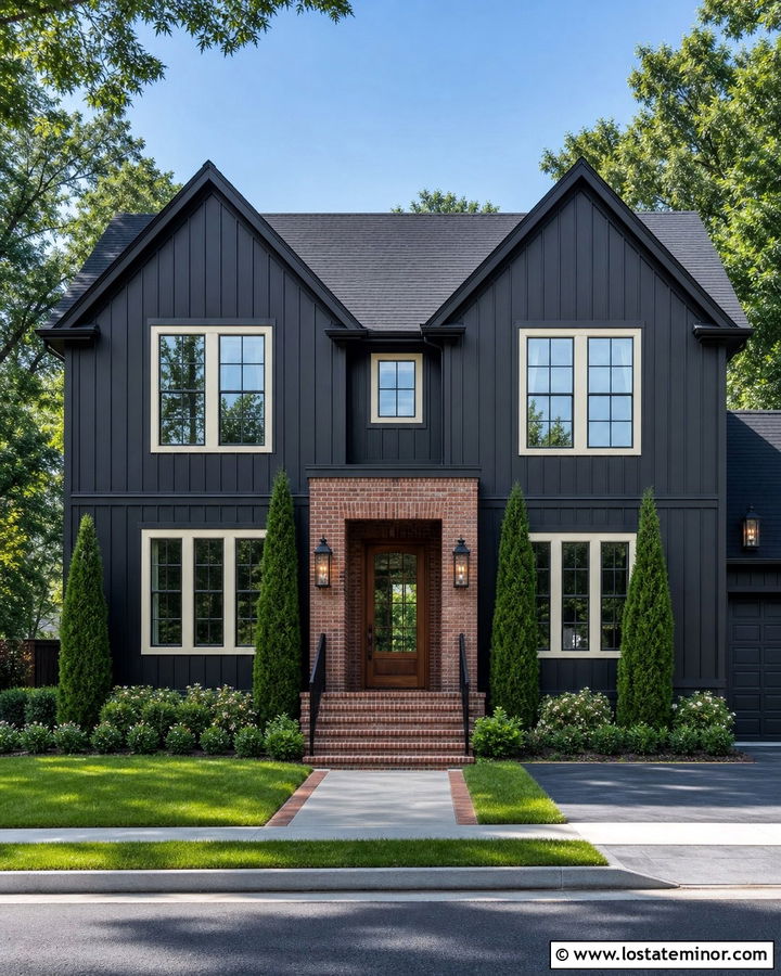 Black Two Story House With Brick Entry - 30 Black House Design With Brick Accents Ideas