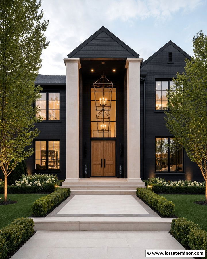 Black Two Story House With Double Height Pendants - 30 Black House Design With Light Fixtures Ideas
