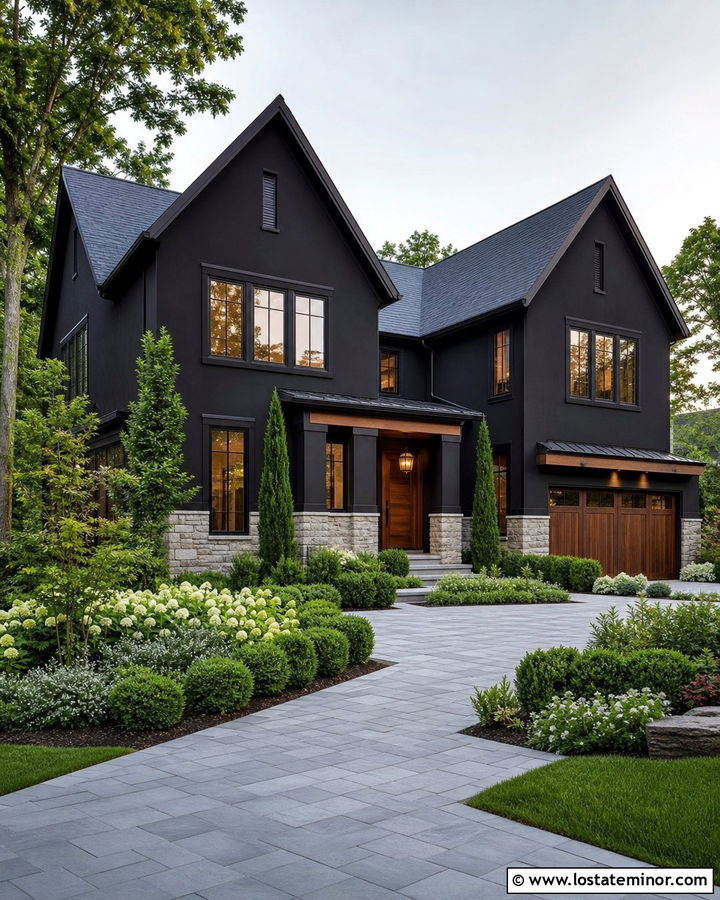 Black Two Story House With Layered Evergreen Yard - 30 Black House Design With Front Yard Ideas