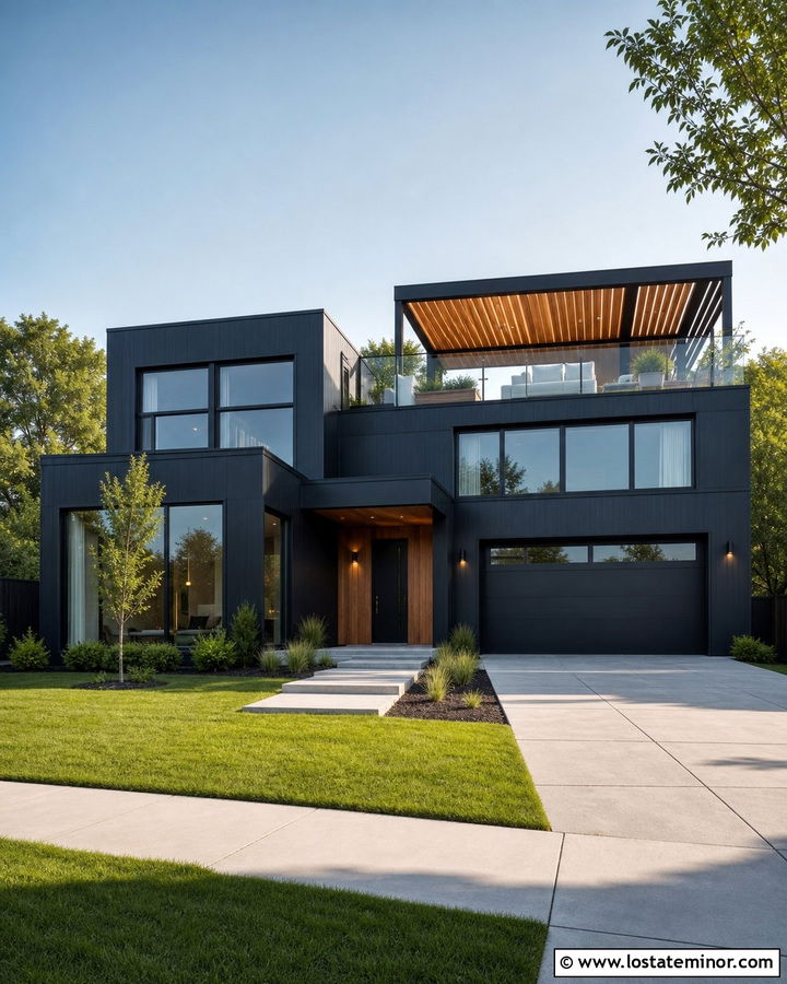 Black Two Story House With Rooftop Pergola - 30 Black House Design With Pergola Ideas