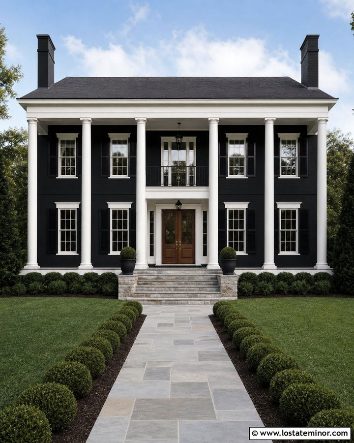 Black Two Story House With Tall Porch Columns - 30 Black House Design With Porch Columns Ideas