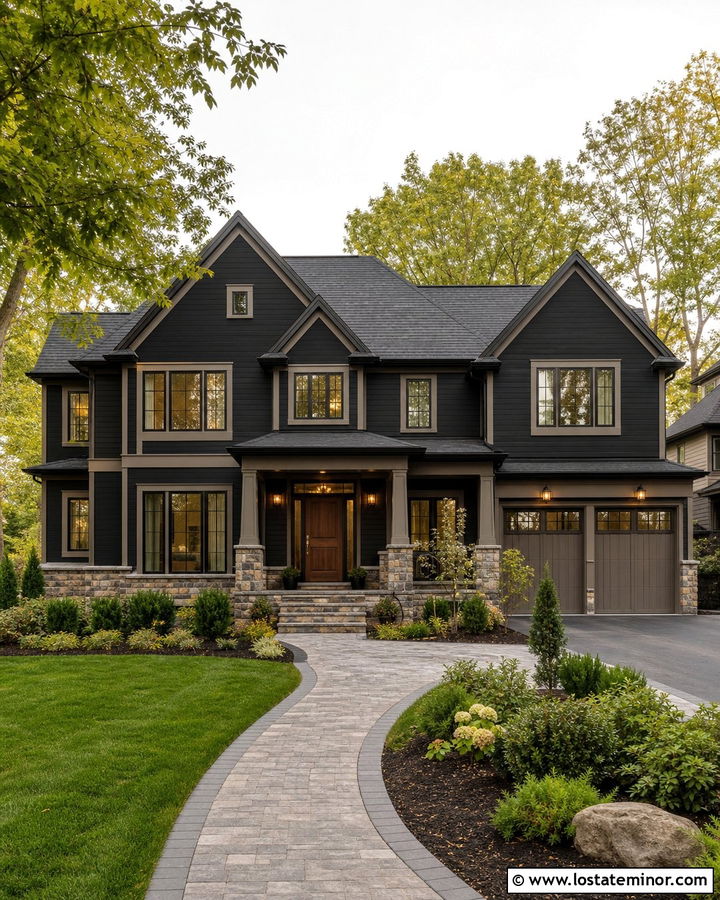Black Two Story House With Taupe Trim - 30 Black House Design With Trim Ideas