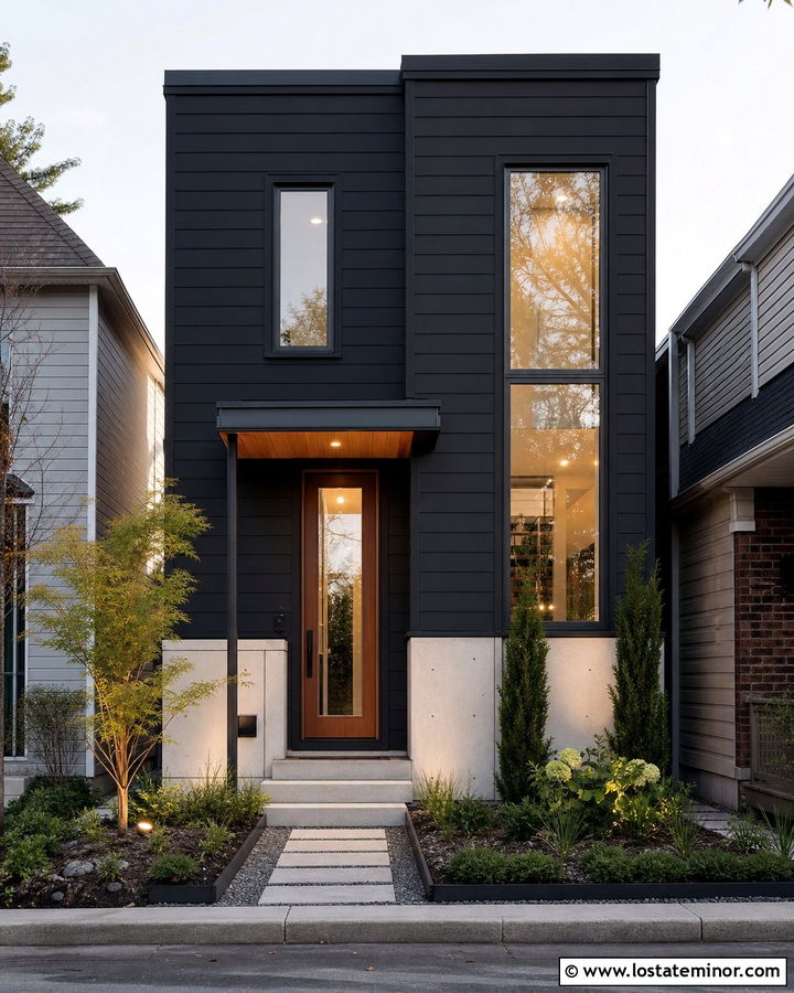 Black Urban House With Narrow Portico - 30 Black House Design With Portico Ideas