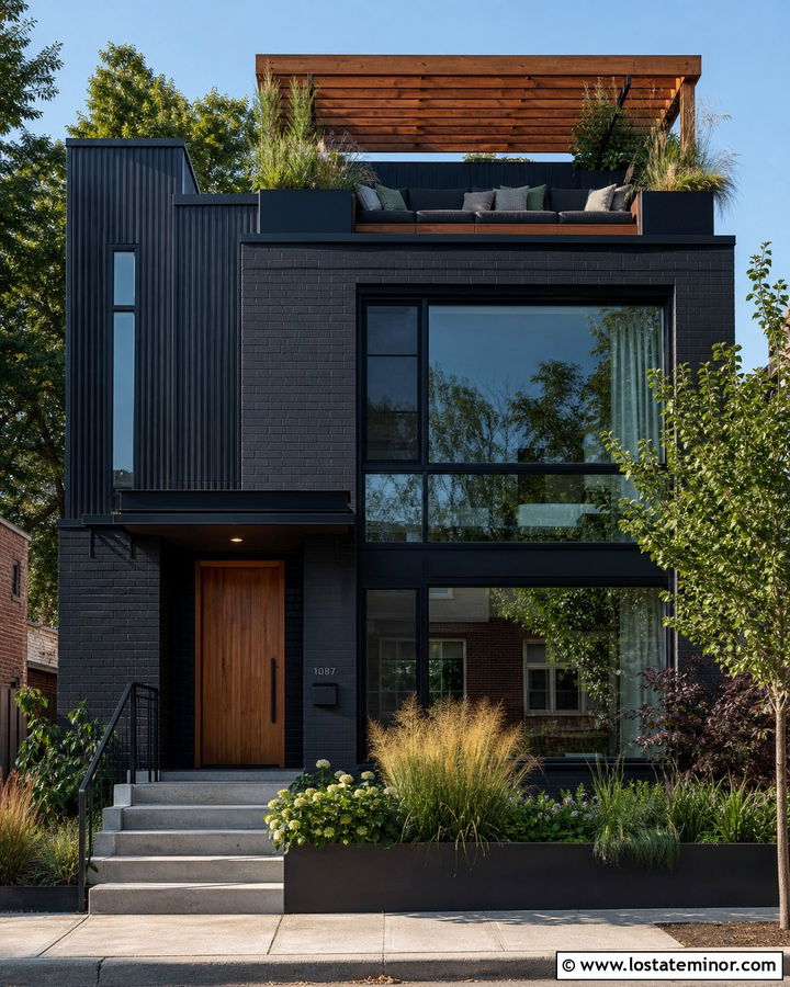 Black Urban House With Rooftop Daybed - 30 Black House Design With Daybed Ideas