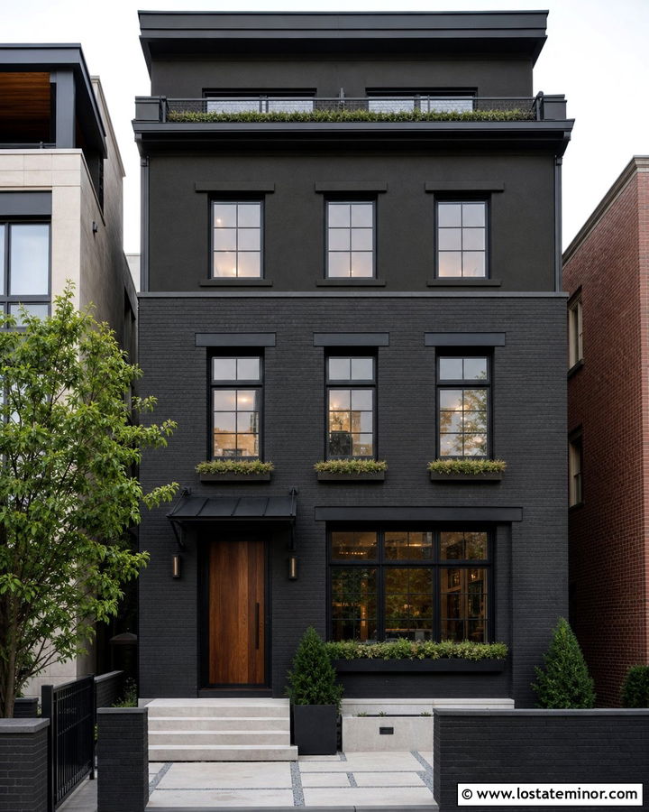 Black Urban Townhouse With Black Brick - 30 Black House Design With Brick Accents Ideas