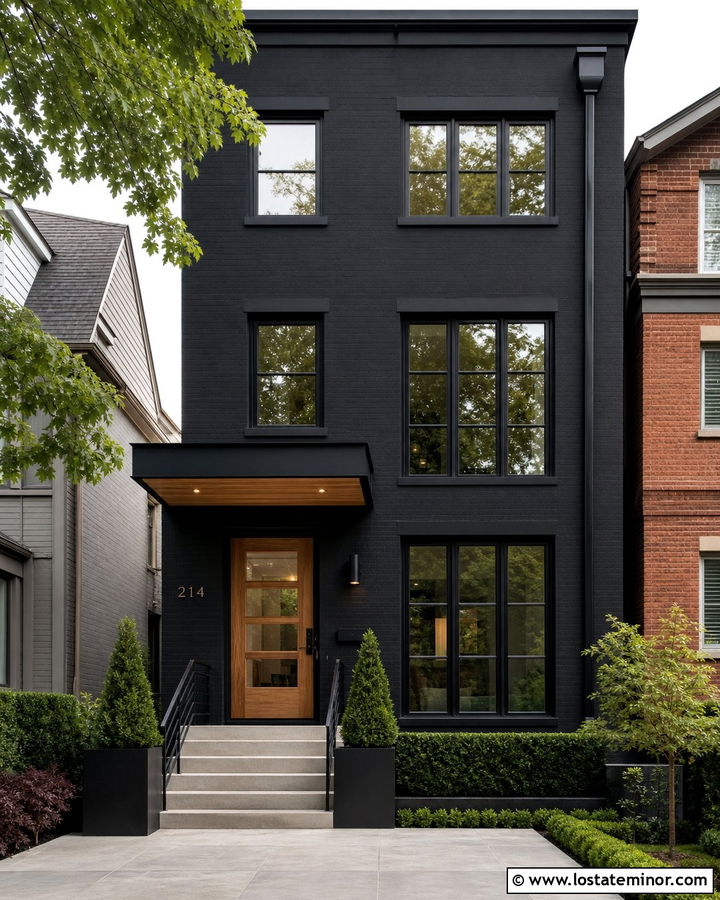 Black Urban Townhouse With Slim Awning - 30 Black House Design With Awning Ideas