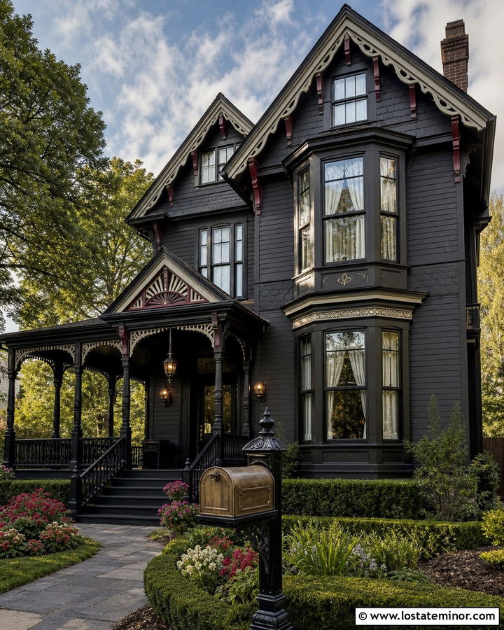 Black Victorian House With Antique Bronze Mailbox - 30 Black House Design With Mailbox Ideas
