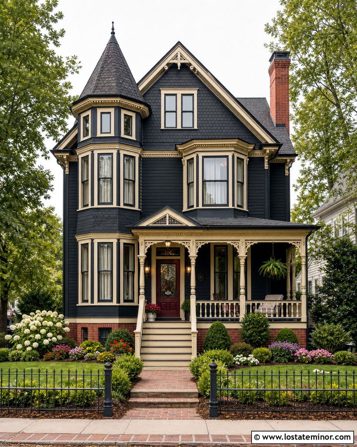 Black Victorian House With Brick Foundation - 30 Black House Design With Brick Accents Ideas
