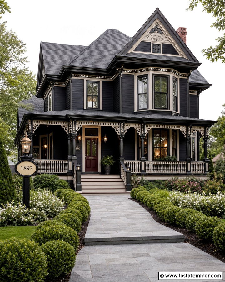 Black Victorian House With Bronze House Numbers - 30 Black House Design With House Numbers Ideas