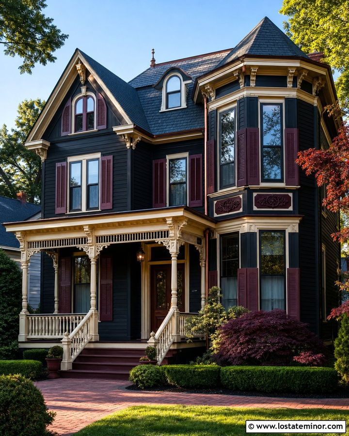 Black Victorian House With Burgundy Shutters - 30 Black House Design With Shutters Ideas