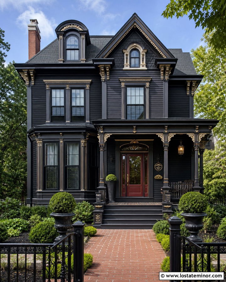 Black Victorian House With Burgundy Storm Door - 30 Black House Design With Storm Door Ideas