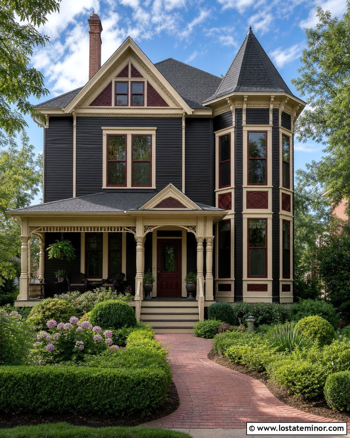 Black Victorian House With Burgundy Trim - 30 Black House Design With Siding Ideas